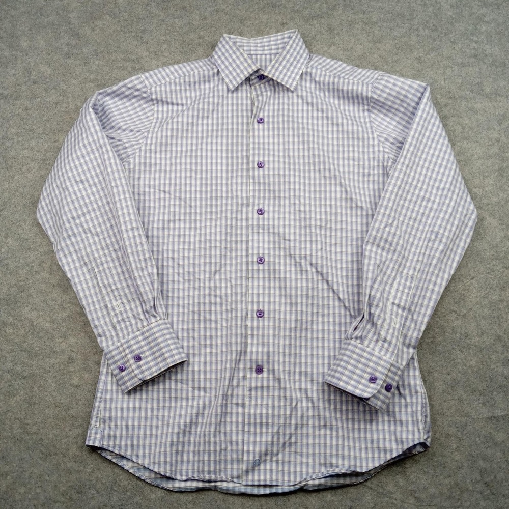 David Donahue Shirt Mens 15 S/M‎ Purple Plaid Fusion Dress Button Down Cotton
